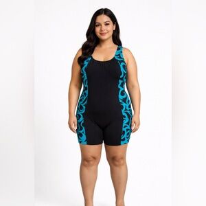 Black and Blue Women's One Piece Swimsuit Biker Short Style